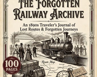 May include: A book cover titled The Forgotten Railway Archive: An 1890s Traveler's Journal of Lost Routes & Forgotten Journeys. The illustration features a steam locomotive at a station, vintage luggage, a pocket watch, and tickets. It has 100 pages.