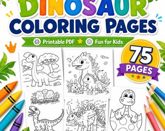 May include: A collection of dinosaur coloring pages with the text "Dinosaur Coloring Pages". The pages are black and white line drawings of various dinosaurs. The image also includes a set of crayons and the text "Fun for Kids".