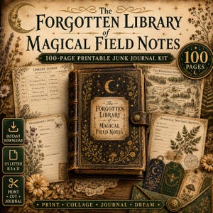 May include: A vintage-style junk journal kit titled "The Forgotten Library of Magical Field Notes." The kit includes printable pages, tags, and a journal cover with a crescent moon design. The kit is US Letter size, 21.59 x 27.94 cm.