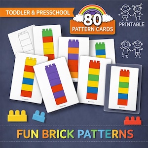 May include: A collection of printable pattern cards for toddlers and preschoolers. The cards feature colorful brick patterns, with the text "80 Pattern Cards" and "Fun Brick Patterns". Includes illustrations of building blocks.