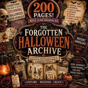 Peut inclure: Un kit de junk journal numérique intitulé The Forgotten Halloween Archive comprenant 200 pages d'images d'Halloween au style vintage, incluant des crânes, citrouilles, sorcières, maisons hantées, clés et éléments textuels pour le scrapbooking.