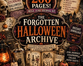 Puede incluir: Un kit de junk journal digital titulado The Forgotten Halloween Archive que contiene 200 páginas de imágenes de Halloween de estilo vintage, incluyendo calaveras, calabazas, brujas, casas encantadas, llaves y elementos de texto para scrapbooking.