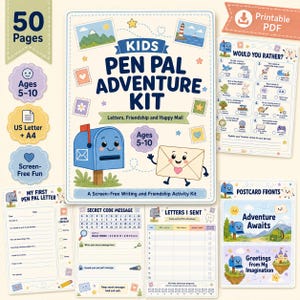 Pode incluir: Um kit de aventura para amigos por correspondência em PDF imprimível de 50 páginas. Inclui uma capa com uma caixa de correio azul e um envelope, além de folhas para cartas, códigos secretos, cartões-postais e um jogo de perguntas.