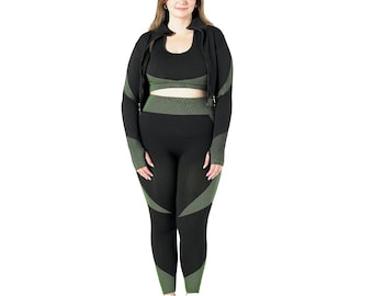 3 Piece Women’s Yoga Set – Seamless Leggings, Sports Bra & Long Sleeve Top | Workout Outfit
