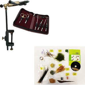 May include: A fly tying kit with a black and gold vise, a zippered case with tools, and various fly tying materials. The materials include feathers, thread, and a CD with the text "CAS Tools to Fly Fish".
