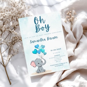 oh boy invitation de fête de naissance | Thème éléphant bleu | Modèle de toile modifiable | Imprimable bébé garçon | Téléchargement instantané