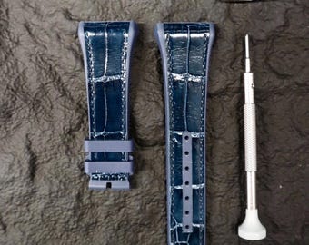 Handgefertigt aus dunkelblauem Alligatorleder für das Modell V41 / V45 Vanguard. V41 / V45 Lederriemen Vanguard Franck Muller Riemen