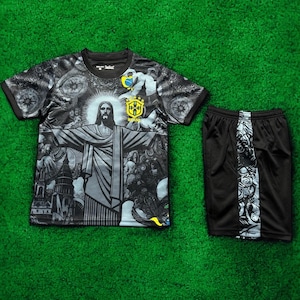 Kids Brazil Football Shirt and Shorts Set - Jesus Edition - Personalized Brazilian Football Kit for Kids