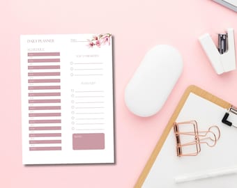 Modello di agenda giornaliera non datata con fiori rosa: stampabile minimalista (A4, Letter, A5 PDF)