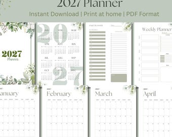 Planner minimalista 2027: design botanico verde salvia (download PDF A4)