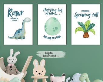 Decorazioni murali con dinosauri, set di 3 per la cameretta dei ragazzi / Poster di dinosauri stampabili in verde