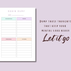 May include: A white Brain Dump notepad with sections for Household, Work, Personal, and Others. The text "Dump those thoughts that keep your mental load heavy. Let it go" is written in a script font on a lavender background.
