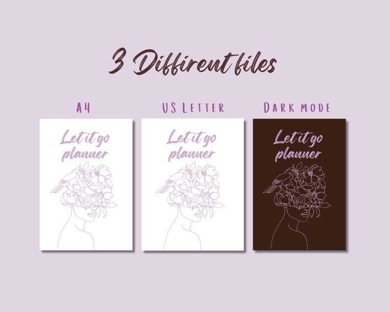 May include: Three planner designs are shown, each with a line drawing of a woman's face adorned with flowers. The text "Let it go planner" is above the illustration. The designs include A4, US Letter, and Dark Mode options.