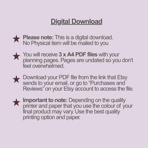 May include: A light purple background with text detailing a digital download. The text explains the product is a digital download, the number of A4 PDF files included, and how to access the files via Etsy.