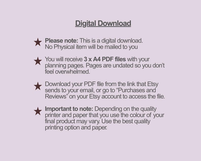 May include: A light purple background with text detailing a digital download. The text explains the product is a digital download, the number of A4 PDF files included, and how to access the files via Etsy.