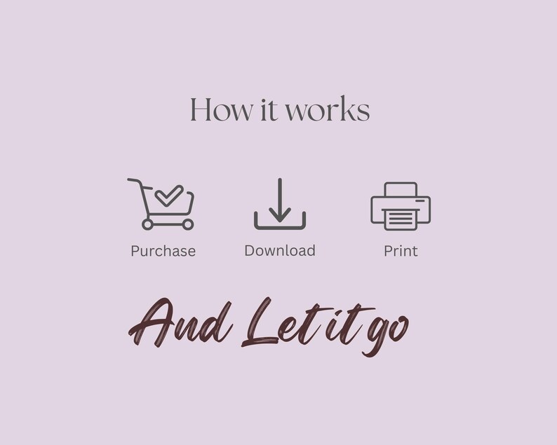 May include: A lilac graphic with the text "How it works" above three icons: a shopping trolley, a downward arrow, and a printer. Below the icons is the text "Purchase, Download, Print" and the words "And Let it go".
