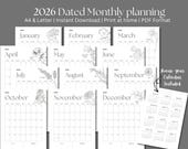 Birth flower Minimalist 2026 Monthly Calendar: Vertical Layout, A4/US Letter (PDF Download)