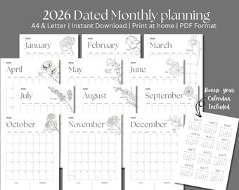 Calendario mensile minimalista 2026 con fiori di nascita: layout verticale, formato A4/US Letter (download PDF)