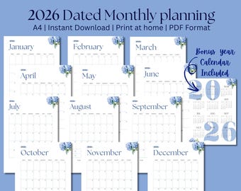 Calendario ortensie 2026 / Planner mensile A4 (download PDF)