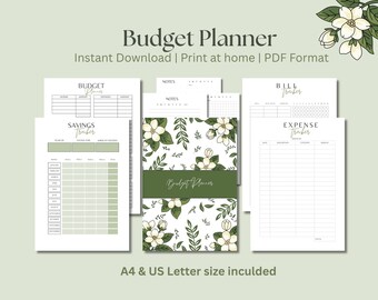 Pianificatore di budget PDF: monitoraggio mensile di spese, bollette e risparmi (A4/US Letter) Verde