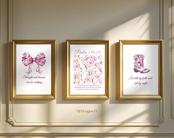Set di quadri cristiani con motivi floreali rosa: Proverbi 31, versetto biblico del Salmo (download digitale)
