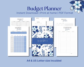 Planner di budget in formato PDF: monitoraggio mensile di spese, bollette e risparmi (A4/US Letter) Blu