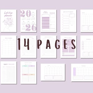 May include: A set of 14 planner pages with a minimalist design. The pages include a calendar, daily and weekly planners, habit trackers, and more. The text "Let it go planner" and "2026" are visible. The color scheme is white and lavender.