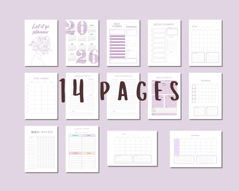 May include: A set of 14 planner pages with a minimalist design. The pages include a calendar, daily and weekly planners, habit trackers, and more. The text "Let it go planner" and "2026" are visible. The color scheme is white and lavender.