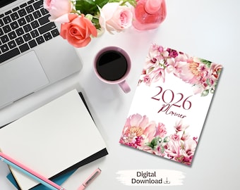 Planner stampabile floreale 2026: rosa antico, design minimalista (PDF A4)