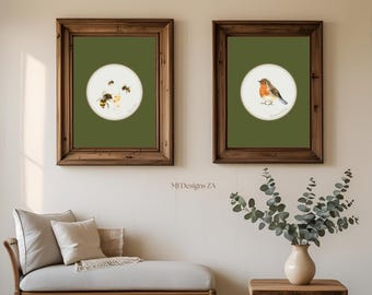 Set di stampe vintage di pettirosso e ape: arte naturalistica verde salvia (download digitale)