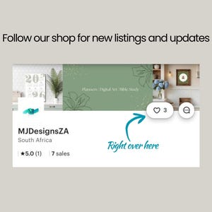 May include: An Etsy shop profile screenshot for MJDesignsZA, showing a 5.0 rating and 7 sales. The image features the text "Follow our shop for new listings and updates" and an arrow pointing to a heart icon.