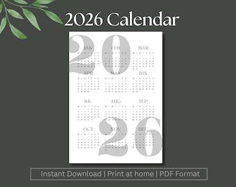 2026 Year At-A-Glance Calendar: A3, A4, A5 (PDF Instant Download)