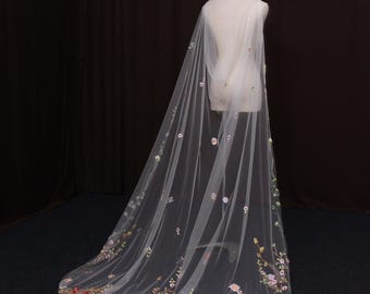 TV22/ Ivory tulle bridal cape with colorful wildflower embroidery, garden wedding veil for outdoor summer ceremony or elopement