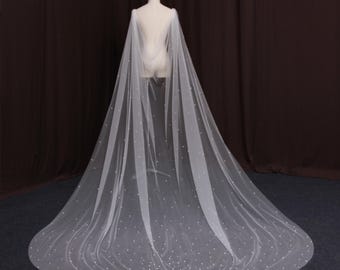 TV25/ Bridal cape. Beaded wedding cape. Pearl bridal cape. Tulle wedding cloak. Long wedding cape. Sheer bridal cape. Custom bridal cape