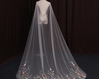 TV32/ Bridal Cape in Ivory Tulle with Sparkly Beaded Flowers, Cathedral Length Wedding Cape with Clasp, Custom Bridal Cape