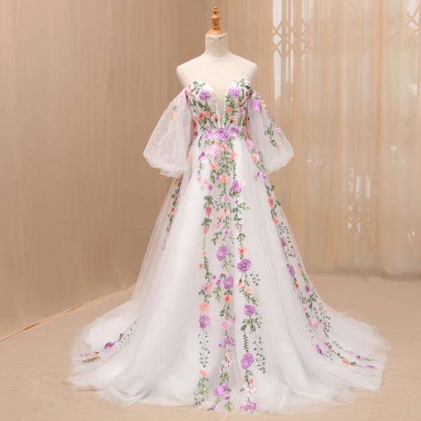 TV170/ Purple Embroidered Wedding Dress with Detachable Puff Sleeves, Sweetheart Corset Ball Gown, Romantic Tulle Bridal Dress