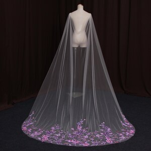 TV31/ Bridal Cape in Ivory Tulle. Cathedral Length Wedding Cape with Purple Floral Embroidery. Sparkly Handmade Cape for Bride