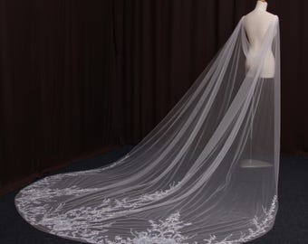 TV33/ Bridal cap veil, Cathedral length veil, Ivory tulle wedding veil, Beaded bridal veil. Handmade pearl veil, Sequin embellished veil