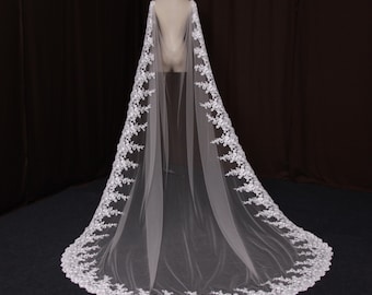 TV61/ Romantic tulle bridal cape. Sheer ivory wedding cape with wide floral lace trim. Elegant cathedral-length mantilla-style bridal cloak.