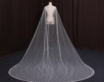TV10/ Velo de novia con perlas. Velo de tul de longitud catedral. Velo de novia largo y suave de tul. Elegante velo de novia con perlas hecho a mano.