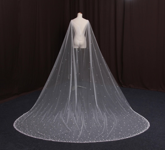 TV10/ Pearl Wedding Veil. Cathedral-length Tulle Veil. Long 
