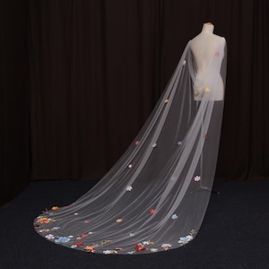 TV8/ Colorful Floral Wedding Cape, 3D Flower Embroidered Tulle Cape, Long Boho Bridal Cape, Whimsical Rainbow Bride Cape, colorful cape