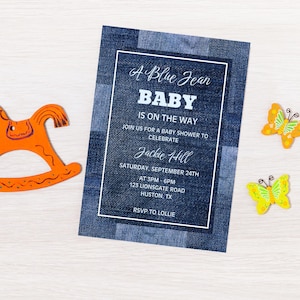 Blue Jean Baby Shower Invitation Template - Denim Theme (Digital Download, Canva Editable) Western Themed Party Template Baby Shower Invite