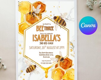 Sweet to Bee 3rd Birthday Invitation - Bumble Bee Party Invite Template, Honey Bee Day Girl Birthday, Editable Canva Digital Download
