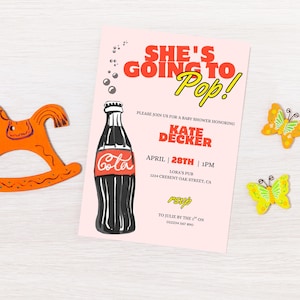 Sie geht zur Pop-Babyparty-Einladungsvorlage, Soda-Pop-Babyparty-Brunch-Einladung, bearbeitbar Es ist eine Mädchen-Jungen-Babyparty, druckbar