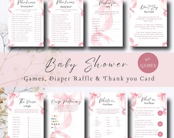 Paquete de juegos para baby shower con lazo rosa: 40 juegos imprimibles (descarga digital)