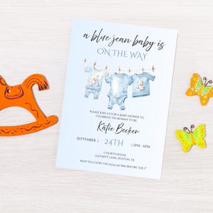 Blue Jean Baby Shower Invitation - Editable Canva Template (Digital Download), Blue Boy Baby Shower Template, Blue Baby on the Way Theme
