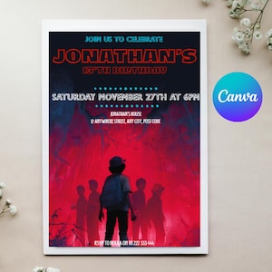 May include: A birthday invitation with a red and blue background, featuring the text "JONATHAN'S 13TH BIRTHDAY". The invitation includes the date, time, and location. A group of silhouetted figures are in the foreground. The Canva logo is in the upper right corner.