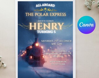 Invitación de cumpleaños editable del Expreso Polar: invitación para fiesta temática del tren del Polo Norte, billete sorpresa para viaje en tren navideño, invitación imprimible para cumpleaños navideños.