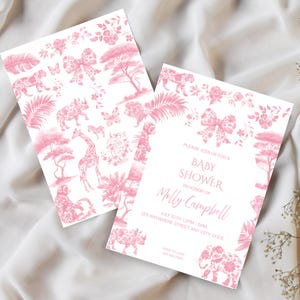 Pink Toile Safari Baby Shower Invitation - Editable Elegant Baby Girl Safari Invite, Vintage Toile de Jouy Animal, Digital Download Template